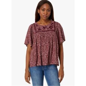 Lucky Brand NWT Size XL Embroidered Floral Boho Top Rose Brown Peasant Festival